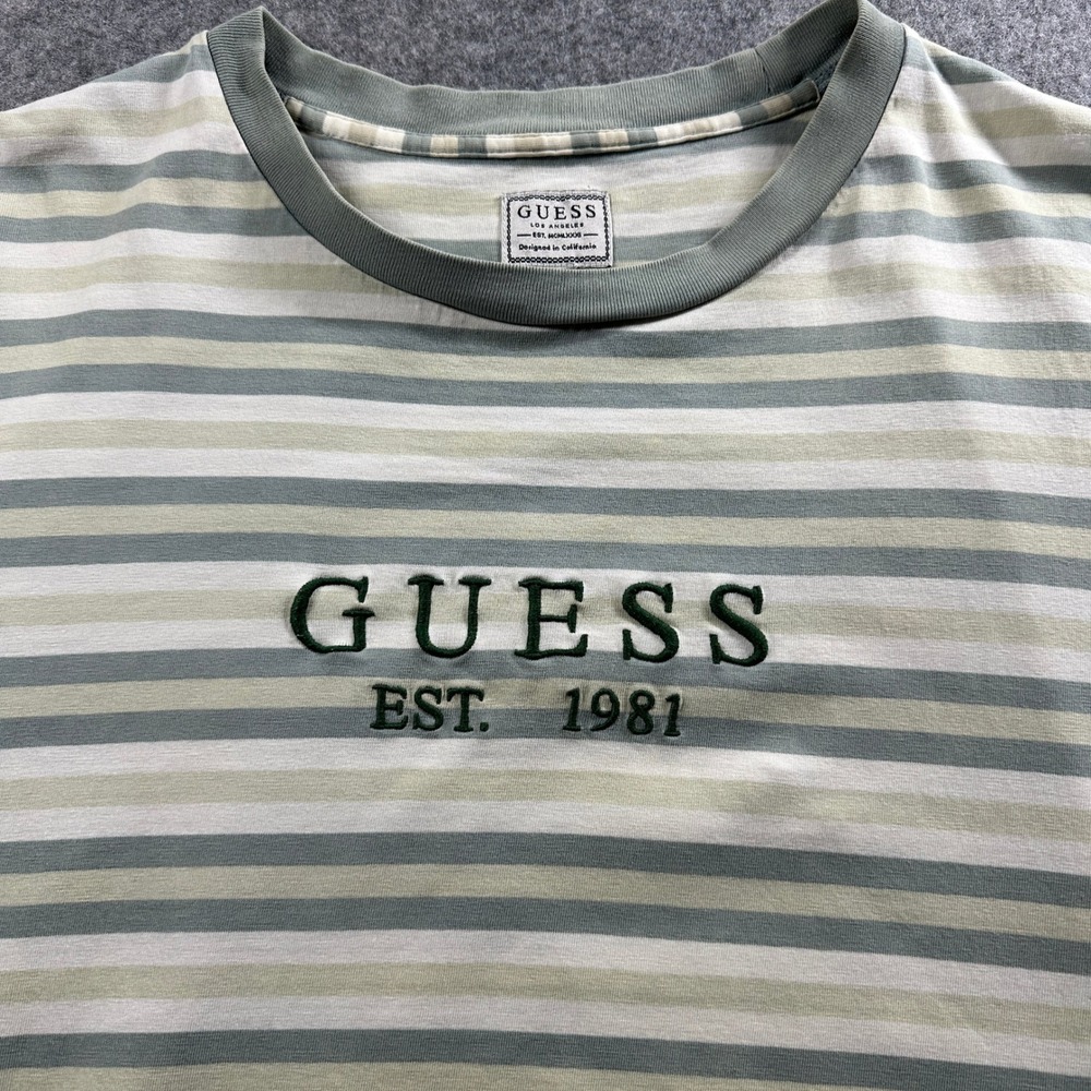 Guess‎ Striped T-Shirt Mens Large Sage Green Embroidered Logo Flaw